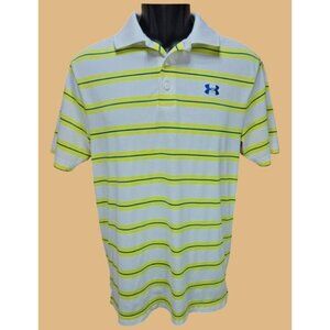 Under Armour Mens White Striped Polo Small Yellow & Blue Stripes